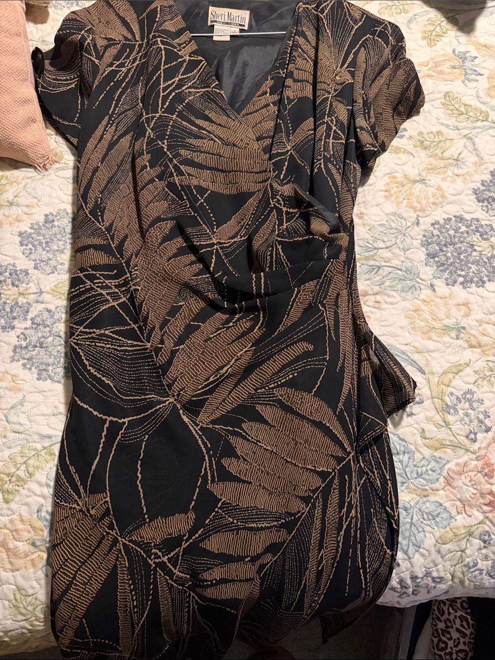 Sheri Martin Black with Brown Leaf-Print Wrap Midi Dress